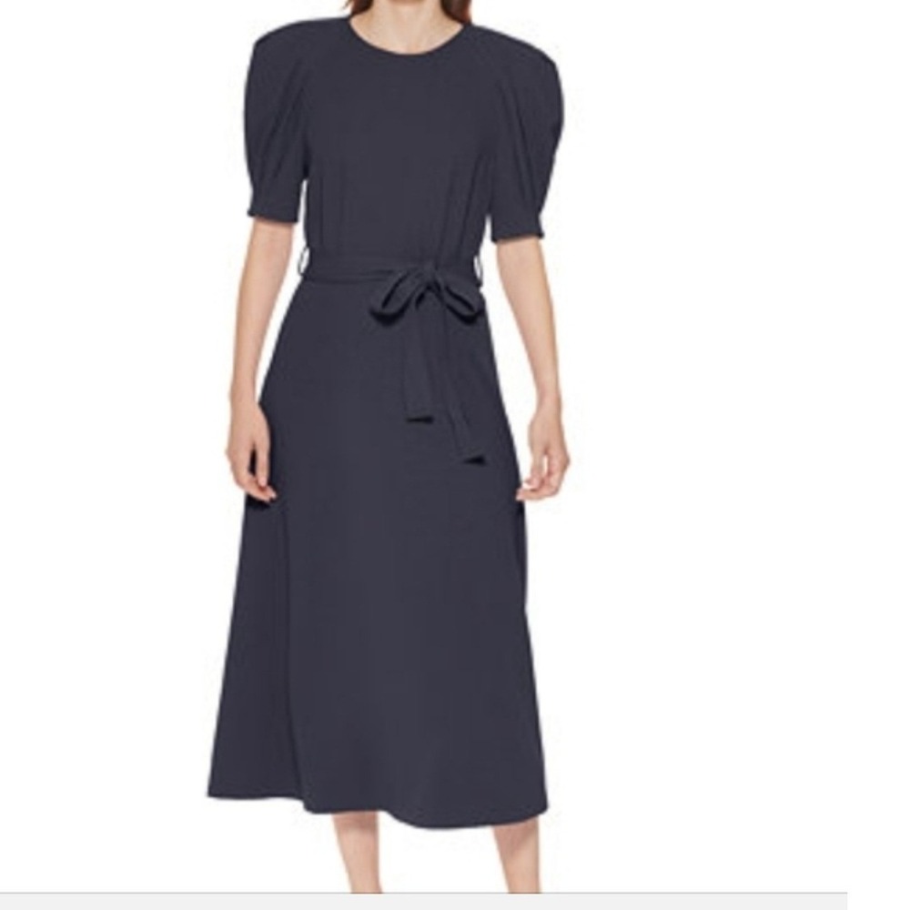 Calvin Klein Navy Blue Puff Sleeve Midi Dress with Belt Size 14 womans